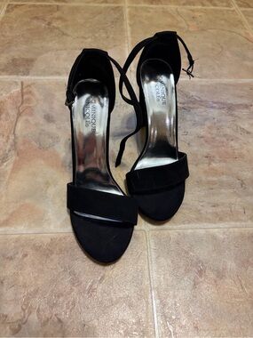 Dominique Black Suede Ankle Tie Heels